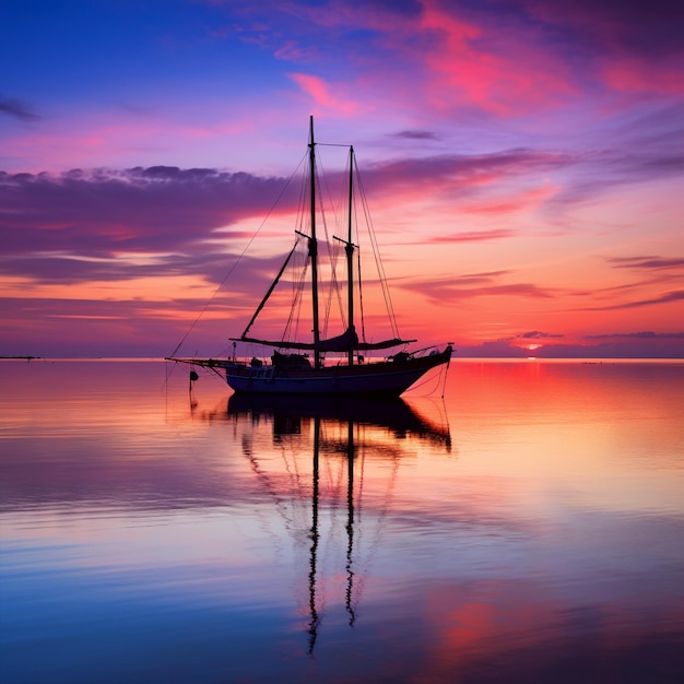 Barco navegando hacia la hora del crepúsculo