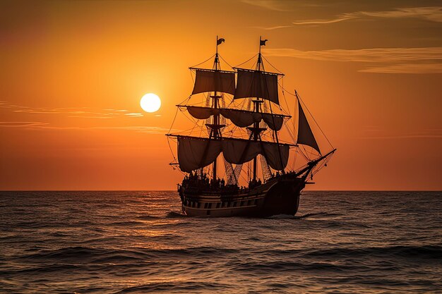 un barco navegando en el océano con el sol poniéndose detrás de él