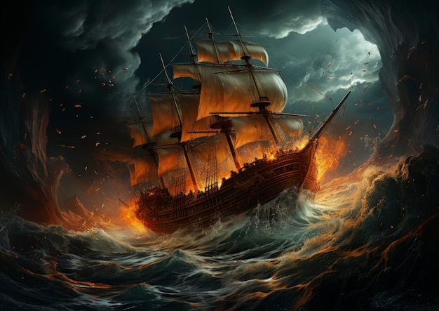 Foto un barco navegando a través de las olas y un barco pirata navegando por las olas humeantes y tormentosas