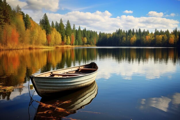 Barco no lago ao lado da natureza florestal Beleza serena capturada num momento perfeito