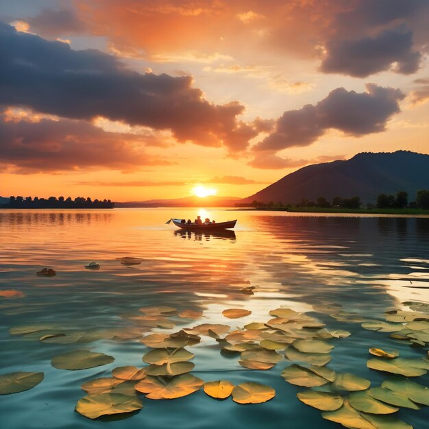 Barco no lago com fundo por do sol