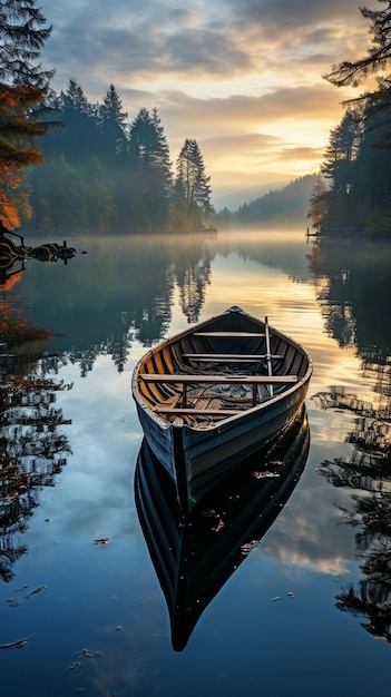 Foto barco no lago em meio à névoa da manhã cedo