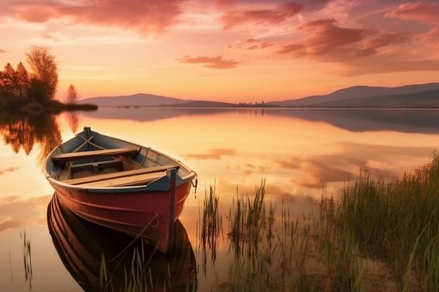 Barco no pôr do sol da paisagem do lago AI gerado
