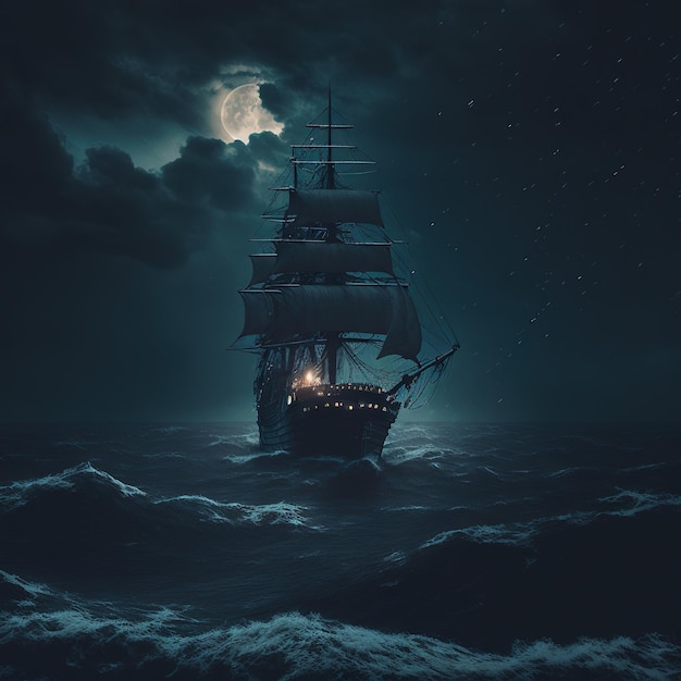Barco en noche nublada en mar horrible