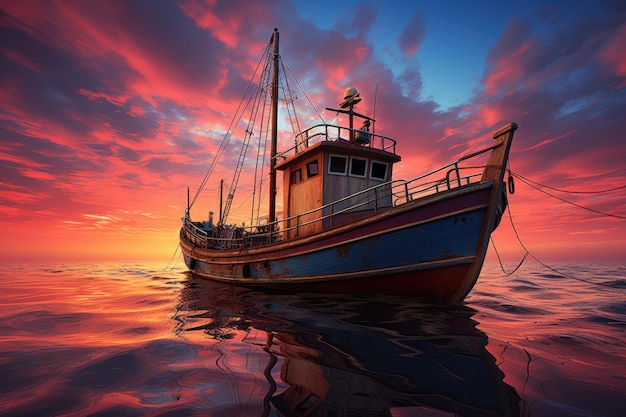 Un barco en el océano al atardecer.