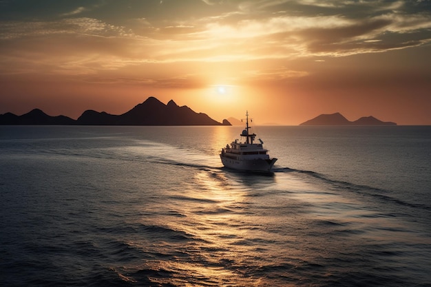 Un barco en el océano al atardecer.