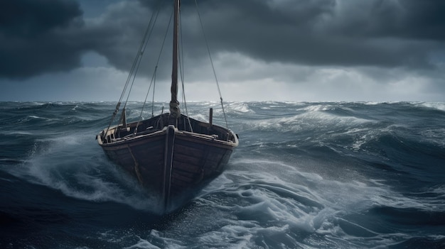 Un barco en el océano con un cielo tormentoso.