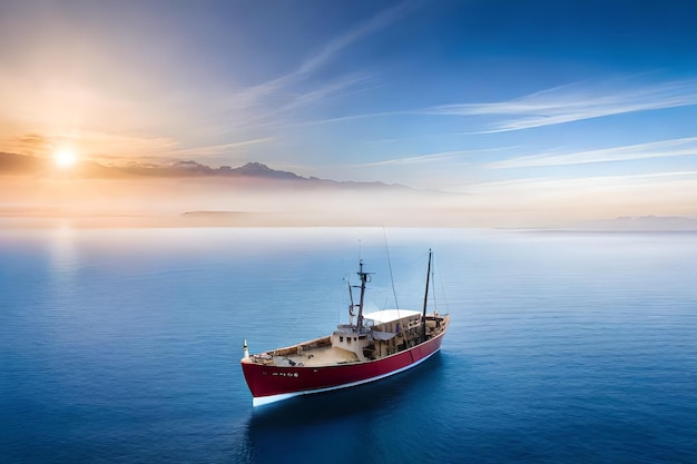 Un barco en el océano con montañas al fondo.