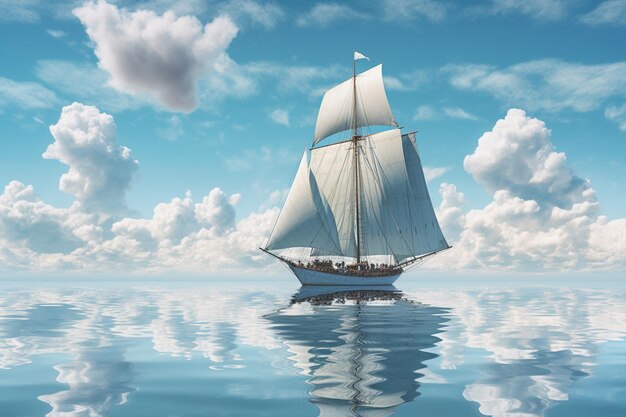 Un barco en el océano con nubes en el fondo.