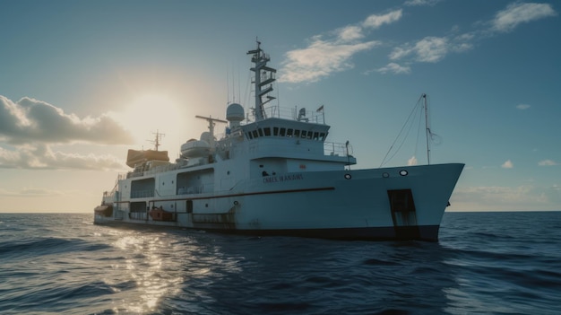 Un barco en el océano con el sol detrás.