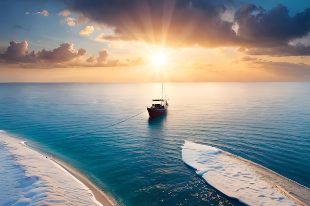 Un barco en el océano con el sol poniéndose detrás