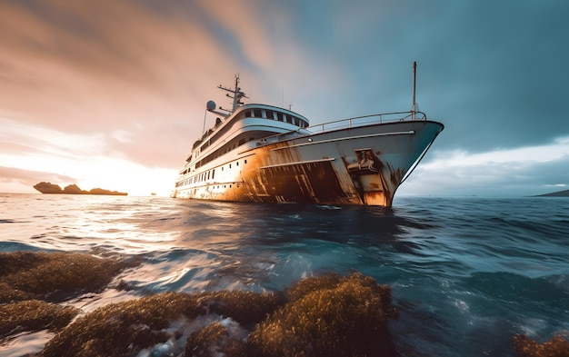 Un barco en el océano con el sol poniéndose detrás