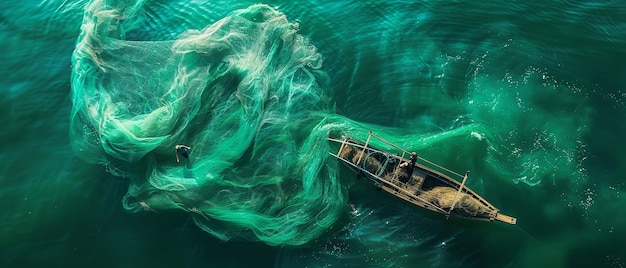 un barco con una ola verde en el agua