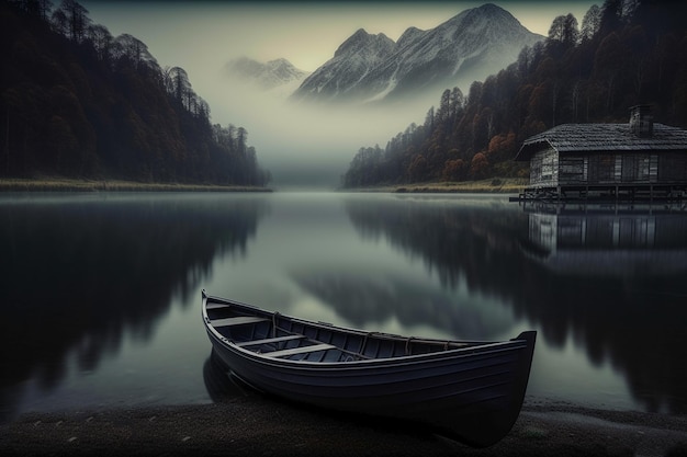 Un barco en la orilla de un lago con montañas al fondo.