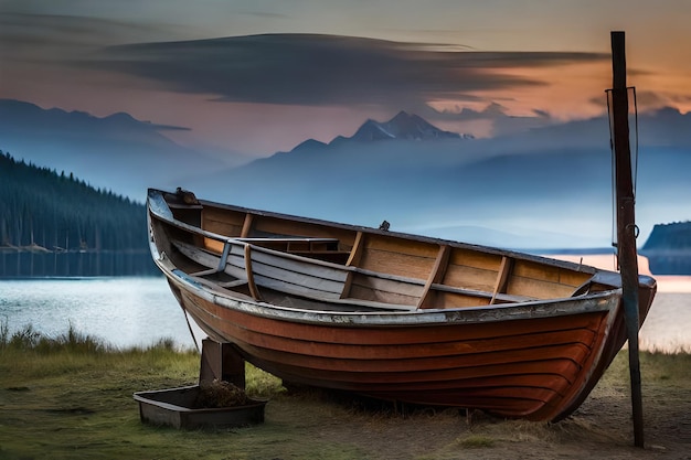 Un barco en la orilla de un lago con montañas al fondo.