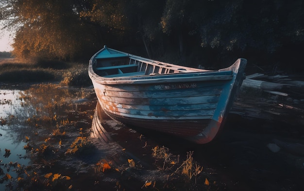 Un barco en la orilla de un lago