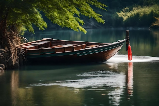 Un barco con una paleta roja se sienta en el agua.