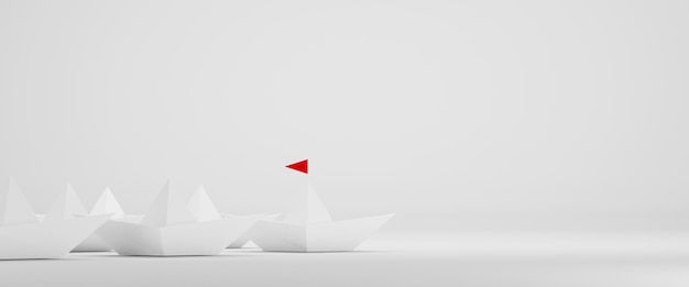 Barco de papel con bandera roja líder entre blanco sobre fondo blanco.