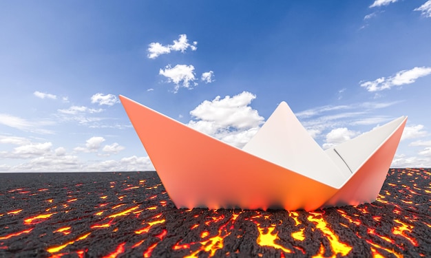 Barco de papel en un mar de lava y cielo azul con nubes