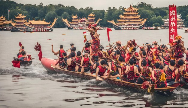 Foto un barco con personas en él que tiene una bandera roja en el frente