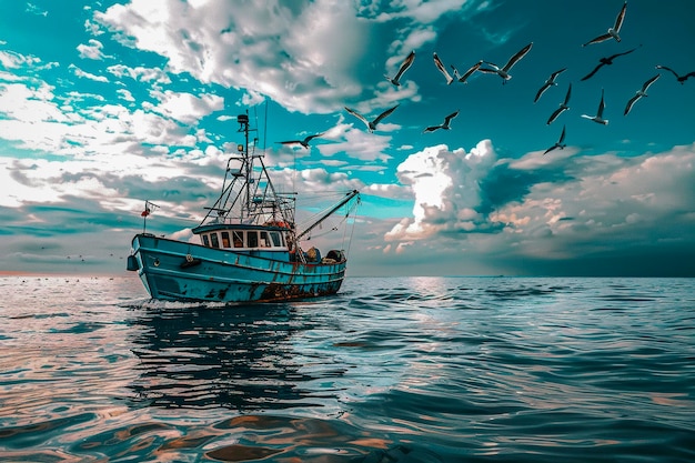 un barco de pesca azul en un mar tranquilo