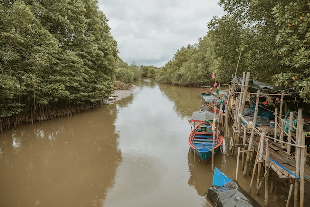 Barco de pesca en un día lluvioso. Los bosques de manglares de Tailandia.