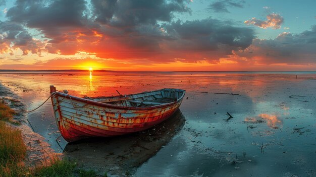 Foto barco de pesca a la hora de la puesta del sol le morn brabant en el fondo