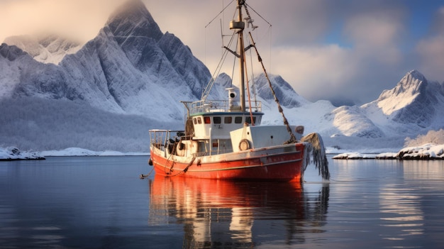 Barco de pesca en invierno en el océano helado de Noruega