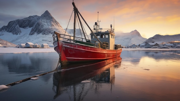 Barco de pesca en invierno en el océano helado de Noruega