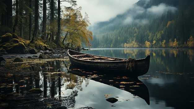 barco de pesca en un lago en calma viejo barco de pesca de madera barco de pesca de madera en un lago de agua tranquila