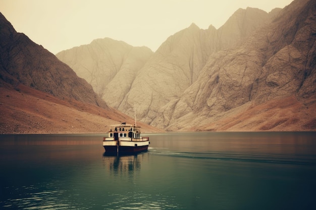 Un barco de pesca en un lago sereno rodeado de majestuosas montañas lejanas