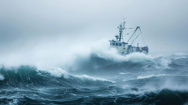 Un barco de pesca luchando contra una ola masiva