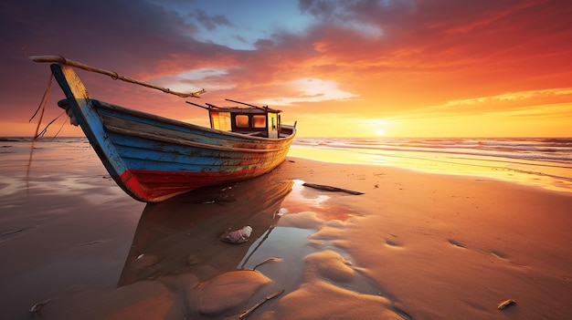 barco de pesca de madera durante la hermosa playa del atardecer