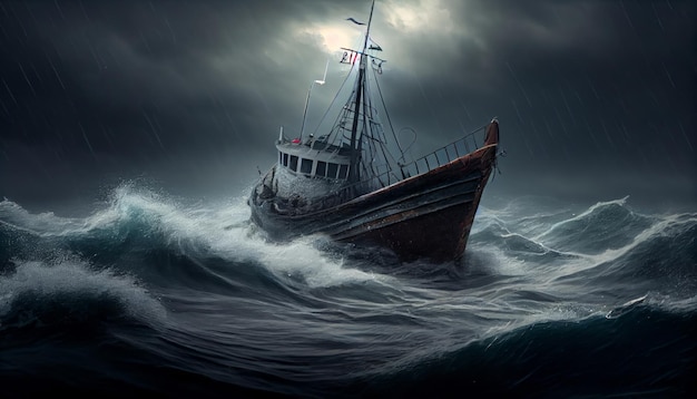 Barco de pesca en mar tormentoso IA generativa