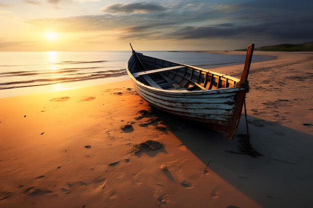 Barco de pesca en la playa al atardecer Hermoso paisaje marino