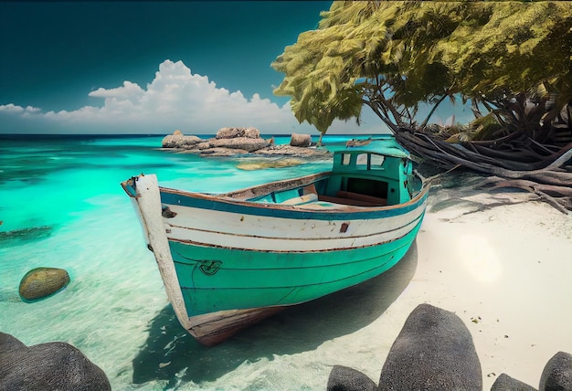 Barco de pesca en la playa tropical de las Seychelles