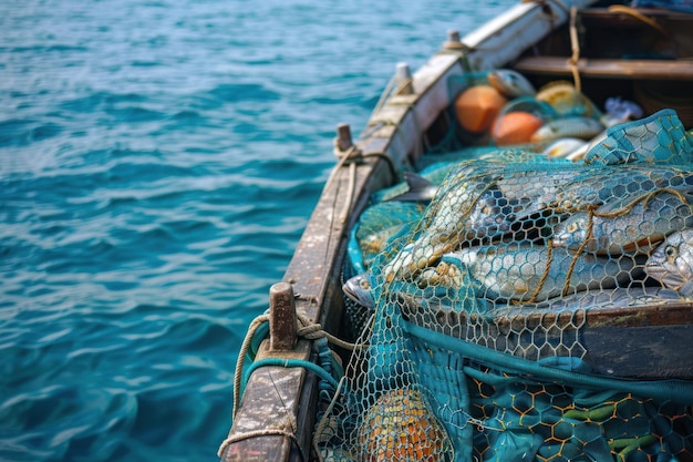 Barco de pesca con redes y pescado fresco Pesca en el mar o en el océano a partir de un barco marisco