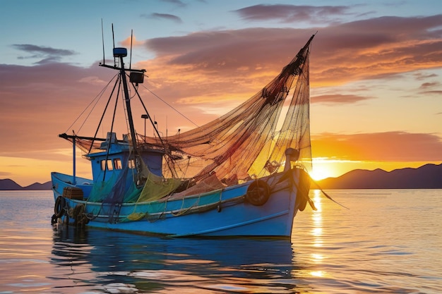 Un barco de pesca se sienta pacíficamente en aguas tranquilas que reflejan el cielo con suaves ondas alrededor de su casco