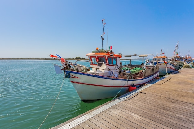 Barco pesquero portugués en el muelle. Con colores tradicionales.