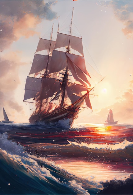 Un barco pirata en alta mar durante una tormenta Un viejo galeón pirata antiguo