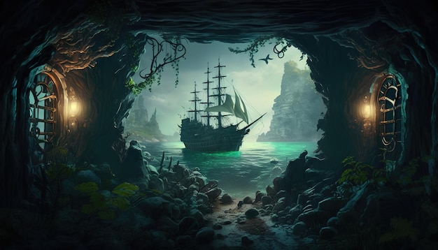 Un barco pirata en una cueva con un fondo verde.