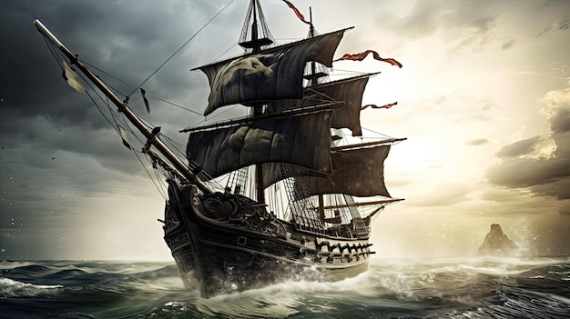 Barco pirata desgastado izando con orgullo la bandera Jolly Roger Aventura de capa y espada Leyendas marineras Legado de piratas marineros intrépidos Generado por IA