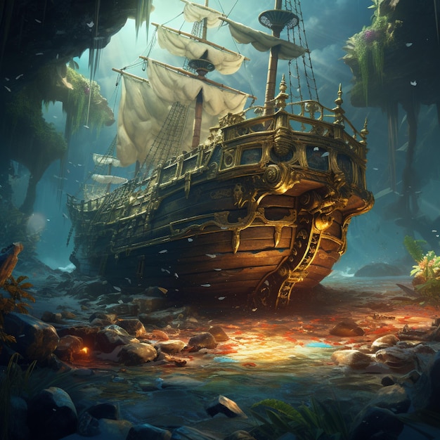 Un barco pirata hundido lleno de tesoros