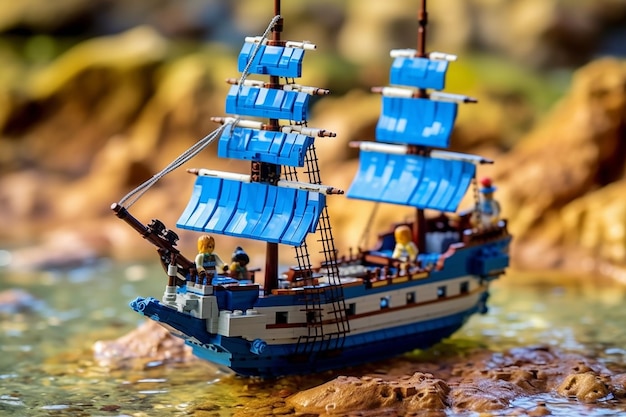 un barco pirata de lego navegando en un mar de ladrillos azules generado por IA