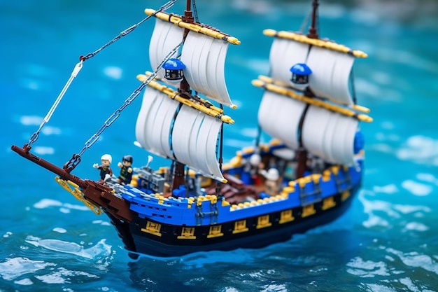 un barco pirata de lego navegando en un mar de ladrillos azules generado por IA