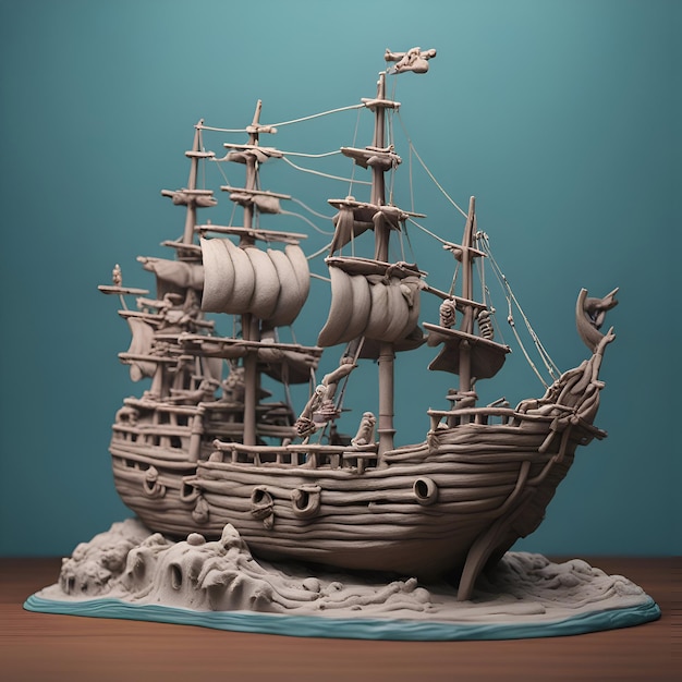 Barco pirata en el mar ilustración 3d estilo vintage