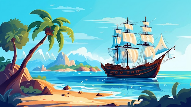 Barco pirata navegando cerca de la isla con ilustración de palmeras generada por IA