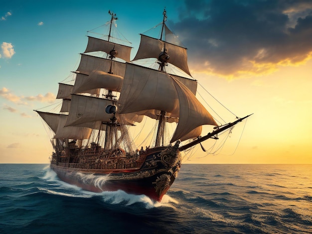Barco pirata navegando en el mar ai generado.
