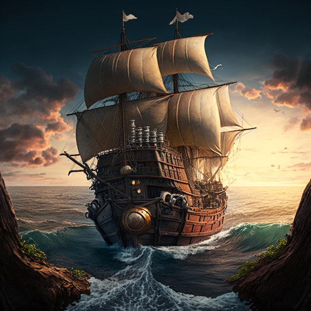 Barco pirata navegando por el océano con una gran vela generativa ai
