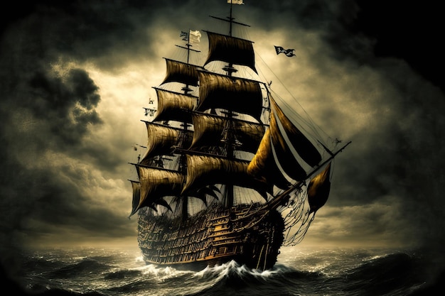 Un barco pirata negro histórico en el mar